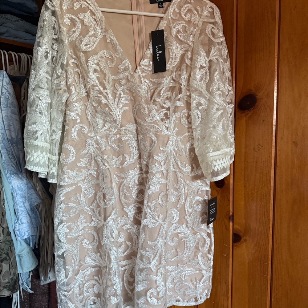 Lulus Embroidered Ivory Beaded V-Neck Mini Dress
